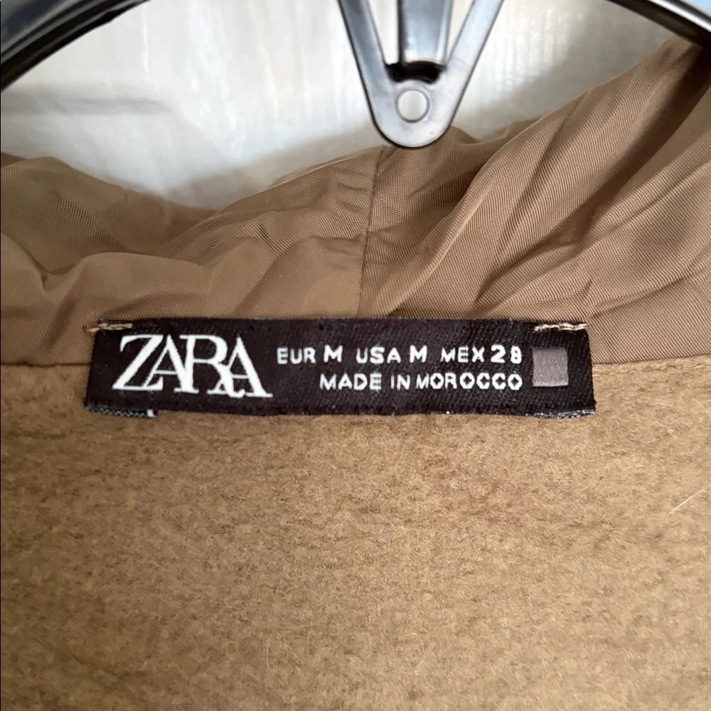 ZARA MIXED MEDIA FRONT ZIPPED OVERSIZED KHAKI HOODED JACKET WITH RUFFLES SZ M
